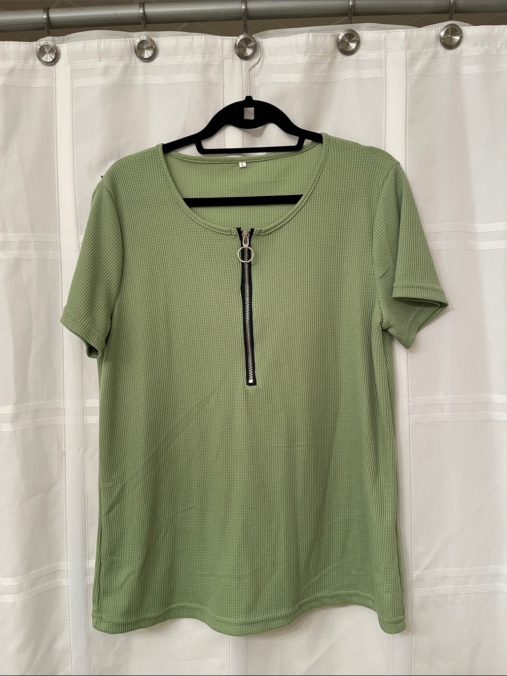Olive Green Short Sleeve Zip Front Women's Top